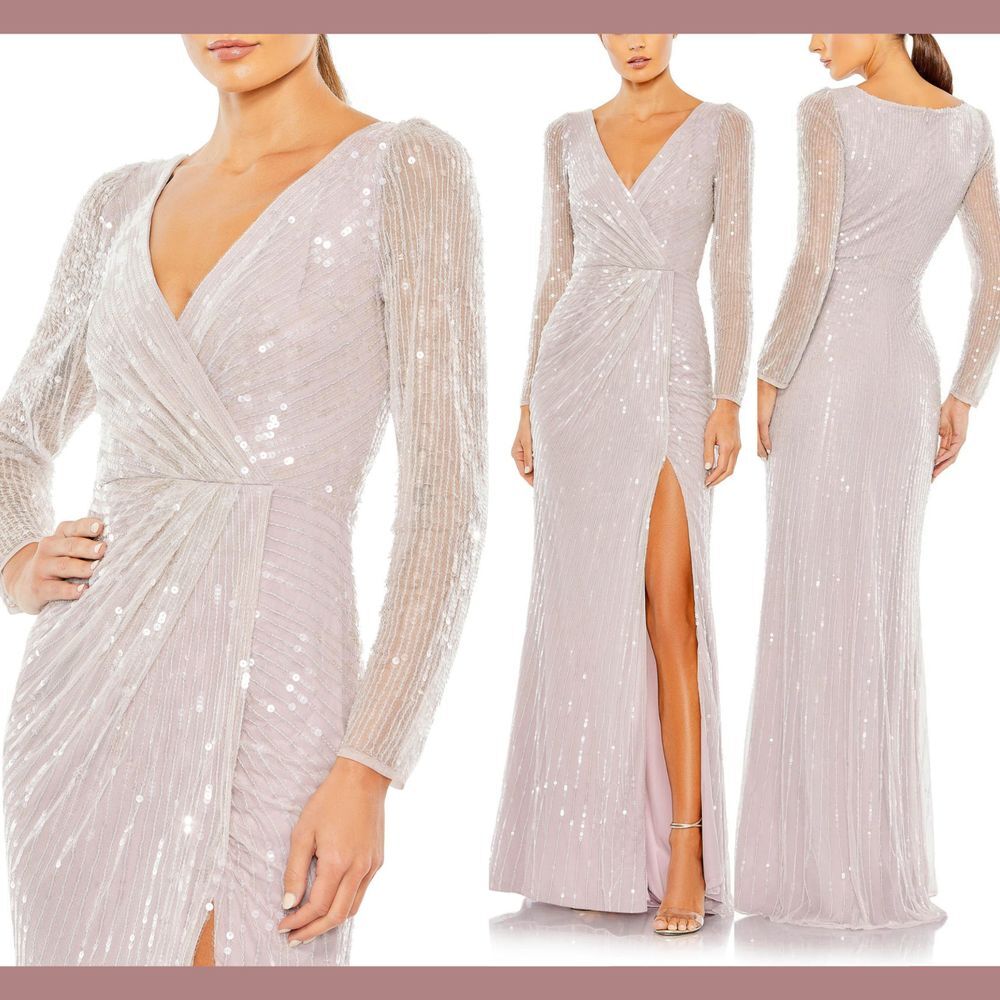 NWT $598‎ Mac Duggal [ 6 ] Sequined Faux Wrap Long Sleeve Gown in Lavender S1049